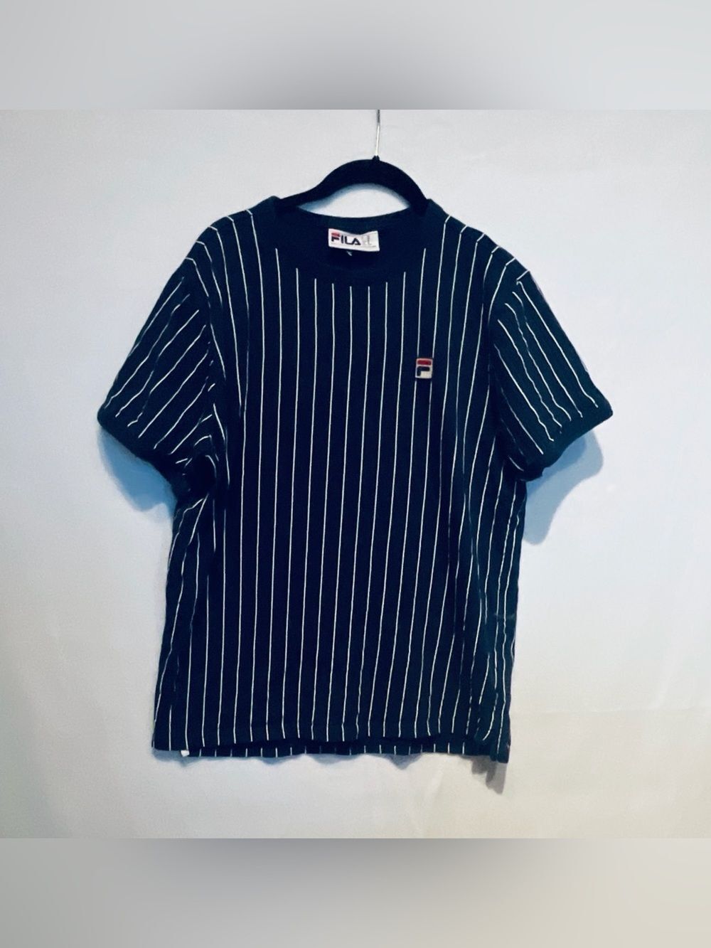 FILA Vintage 90s Aesthetic Pinstripe Ringer Tee Medium Navy Blue White Cotton